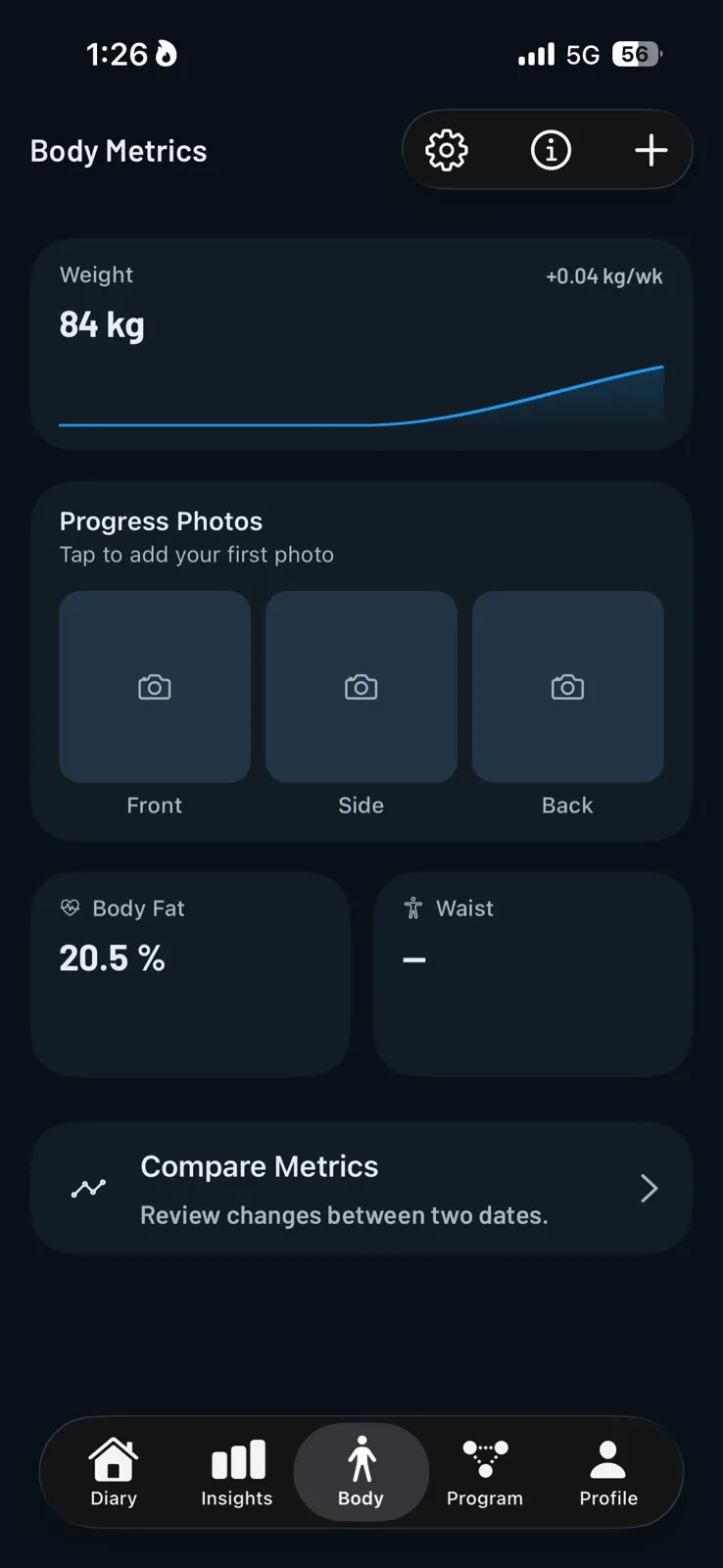 Body metrics screen with weight trend and progress photos