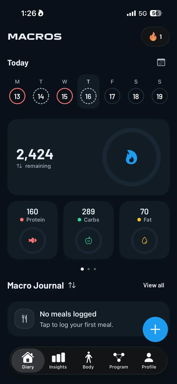 Gravl Macros daily diary with calorie ring and macro rings