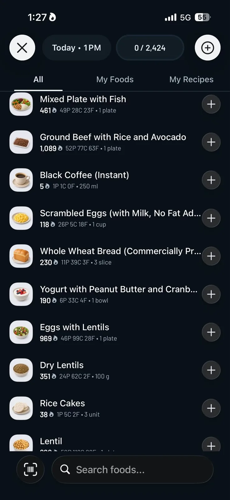 Food search screen with a list of foods and their macros