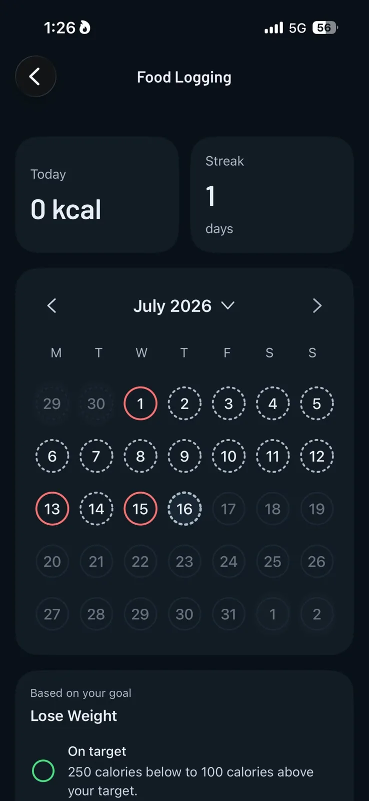 Food logging calendar with a logging streak