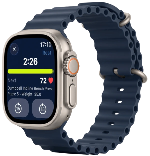 Une Apple Watch affichant le minuteur de repos Gravl à côté d'une montre Wear OS en pleine séance
