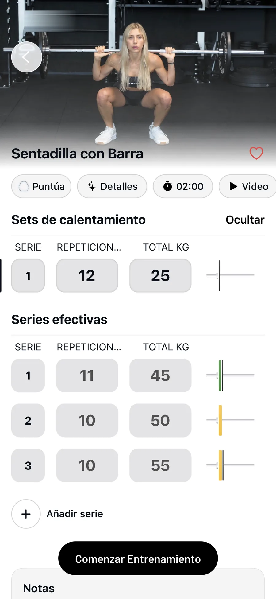 Pantalla de ejercicio con las series que Gravl planificó para hoy