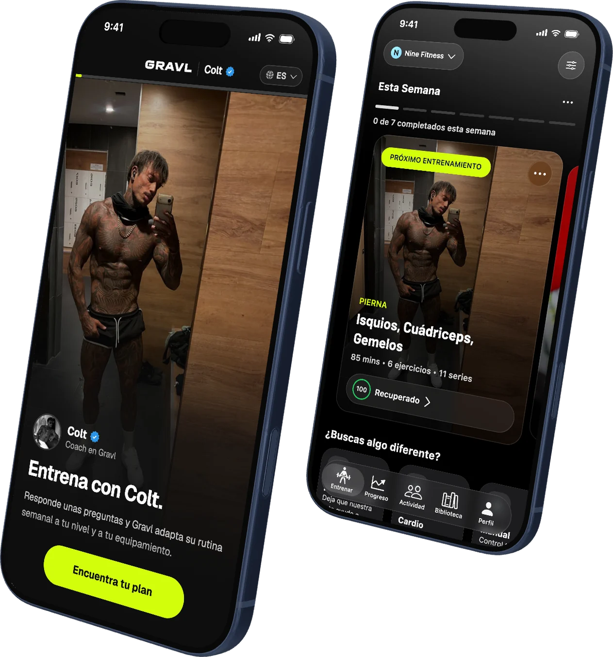Dos iPhone: la página de Colt en Gravl, Entrena con Colt, y la app de Gravl con el primer día de su rutina de 7 días como próximo entrenamiento