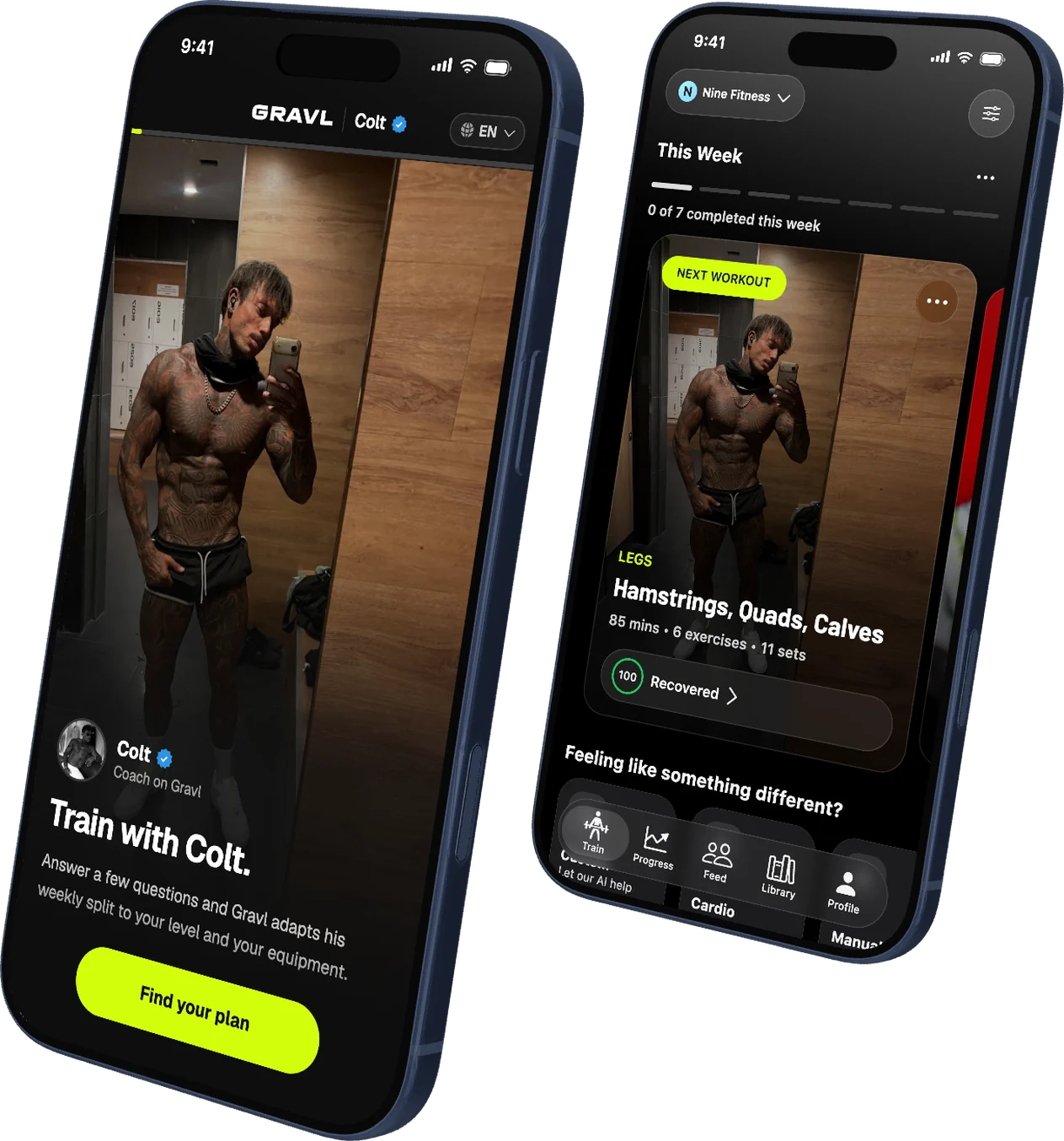 Deux iPhone : la page de Colt sur Gravl, Entraîne-toi avec Colt, et l'app Gravl avec le premier jour de son split sur 7 jours en prochaine séance