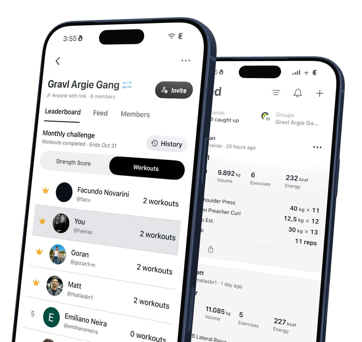 Due iPhone con l'app Gravl: la classifica di una sfida di gruppo per numero di allenamenti e il feed degli allenamenti condivisi dai membri