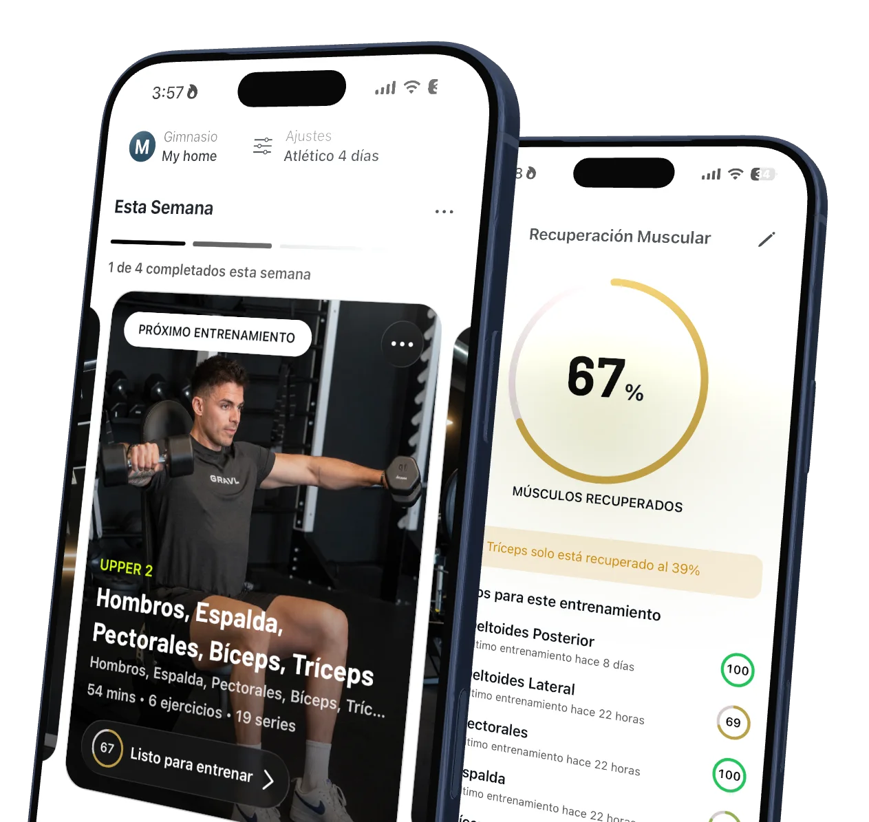 Dos iPhone con la app de Gravl: la pestaña Entrenar con el próximo entrenamiento de la semana, y la recuperación muscular al 67%