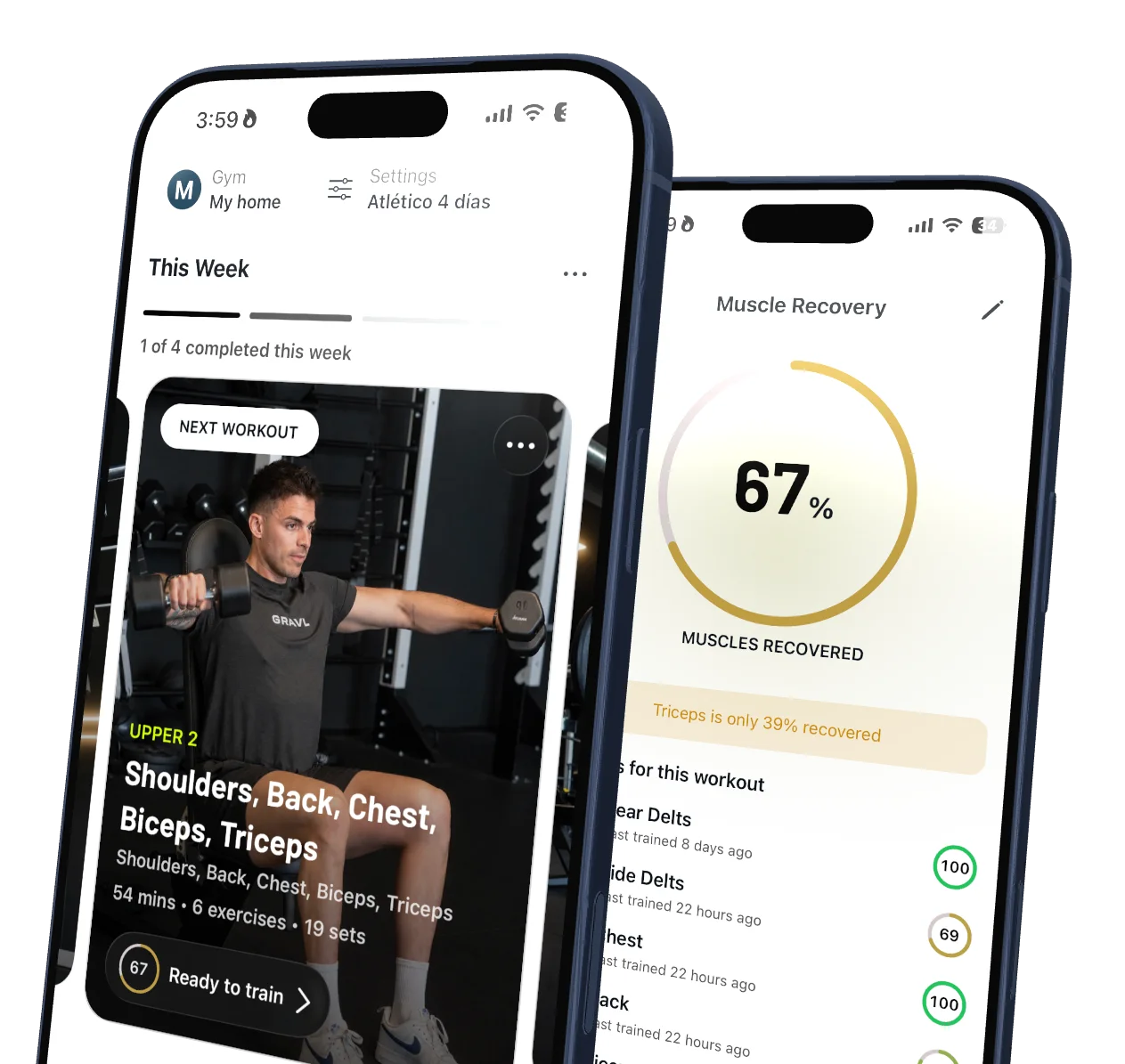 Due iPhone con l'app Gravl: la scheda Train con il prossimo allenamento della settimana e il recupero muscolare al 67%