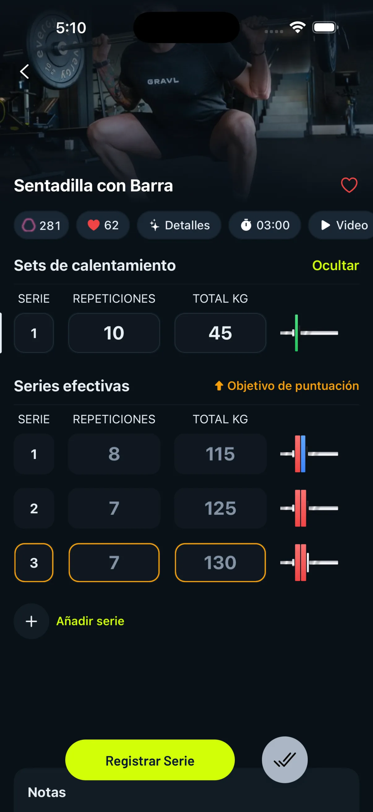 Pantalla de Gravl con las series y pesos de una sesión de sentadillas