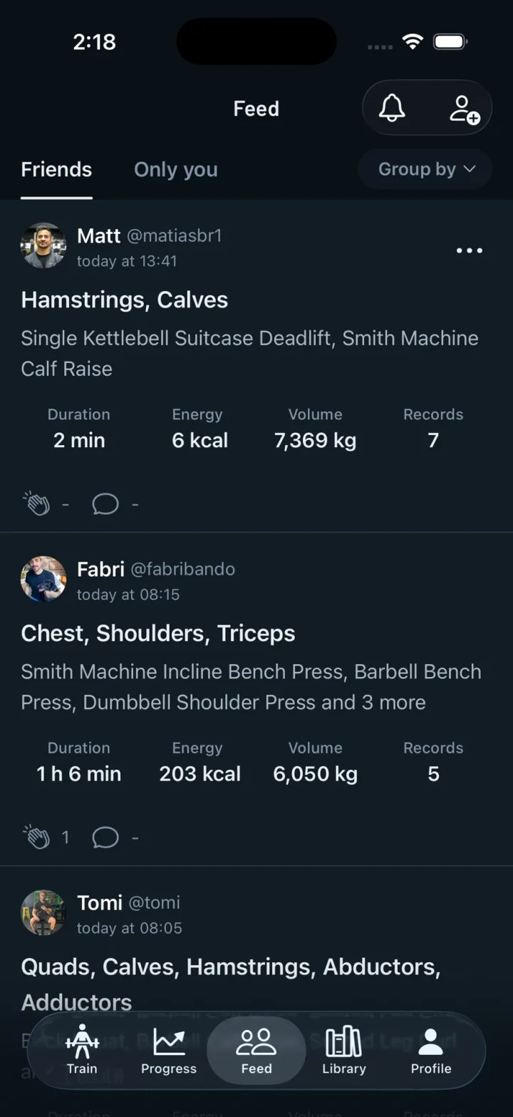Gravl feed screen showing friends' workouts with duration, energy, volume and records