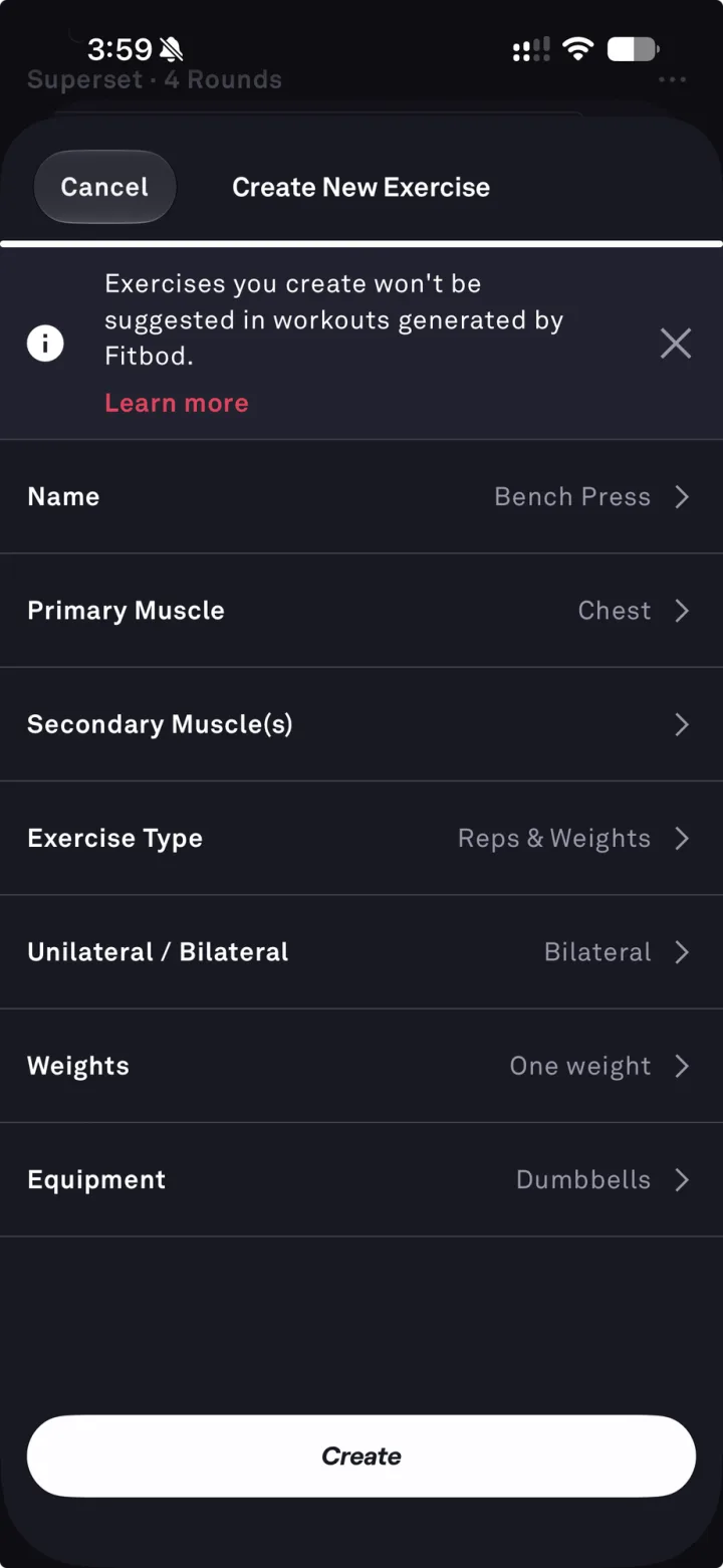 Fitbod Create New Exercise form with a banner saying exercises you create won't be suggested in workouts generated by Fitbod