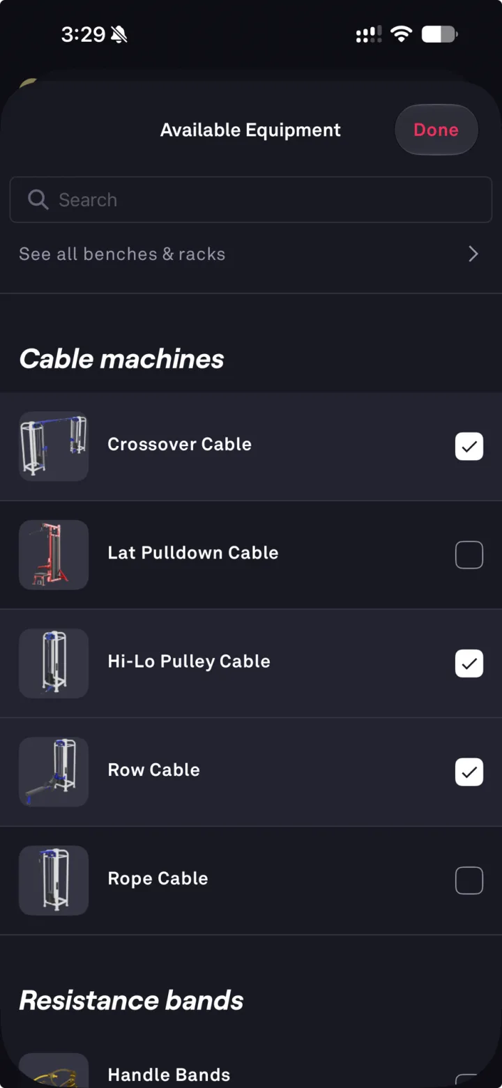 Fitbod available equipment screen with a checkbox list of cable machines