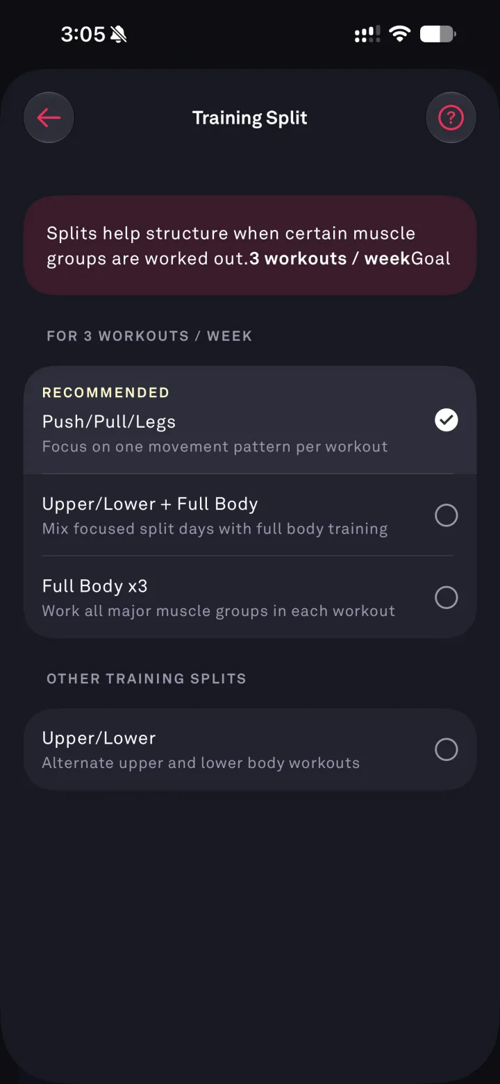 Fitbod training split screen showing Push/Pull/Legs recommended plus three other preset splits