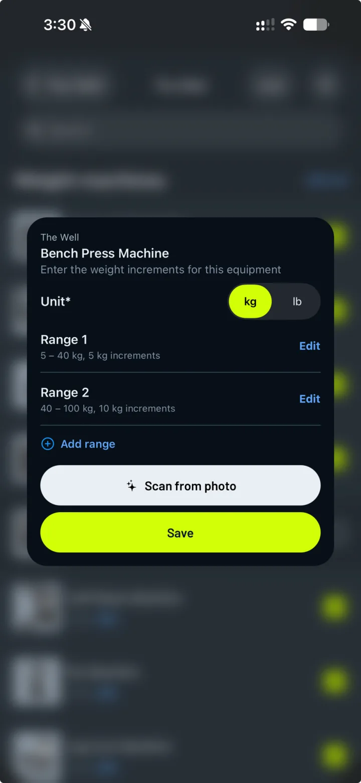 Gravl machine setup sheet for a bench press machine with weight unit toggle, two increment ranges and a Scan from photo button