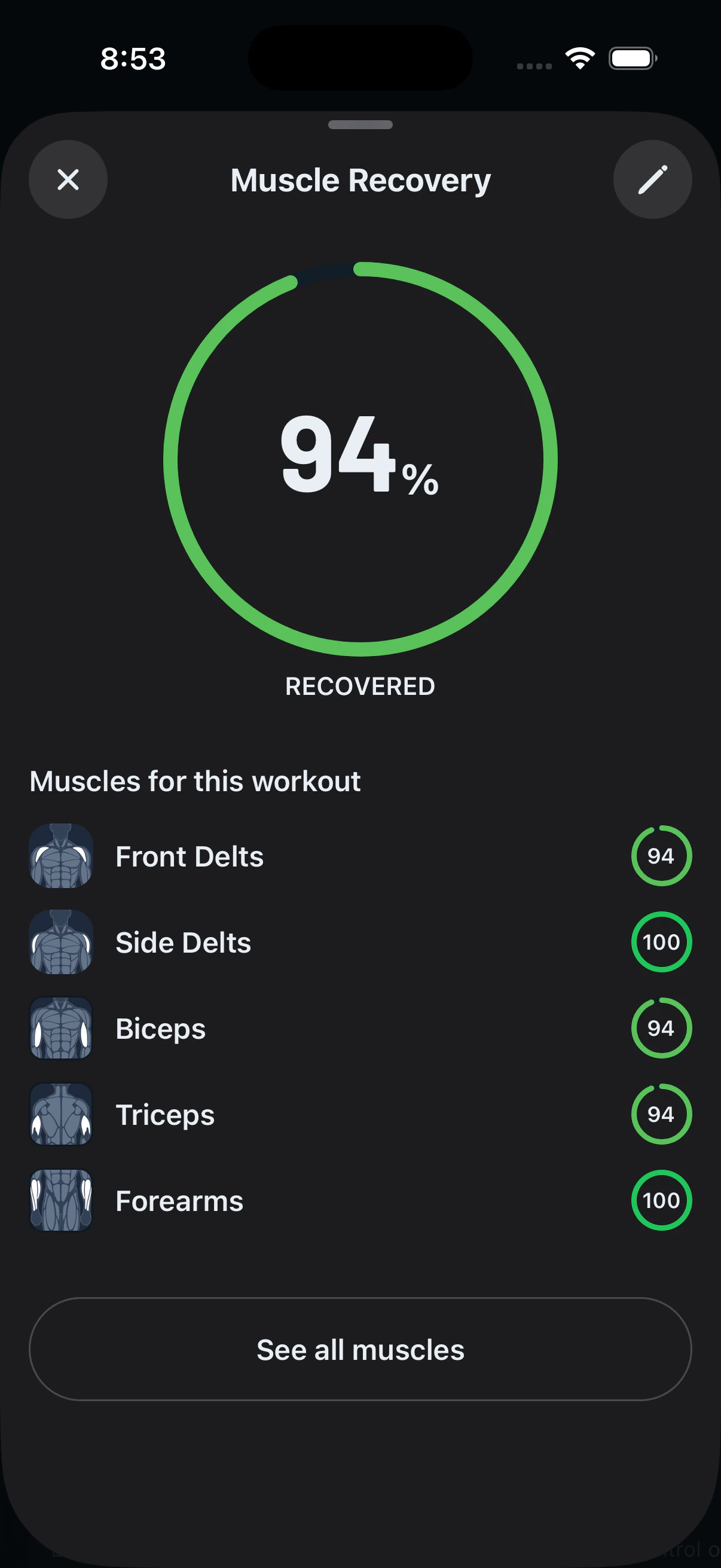 Écran de récupération musculaire montrant le pourcentage de récupération par muscle