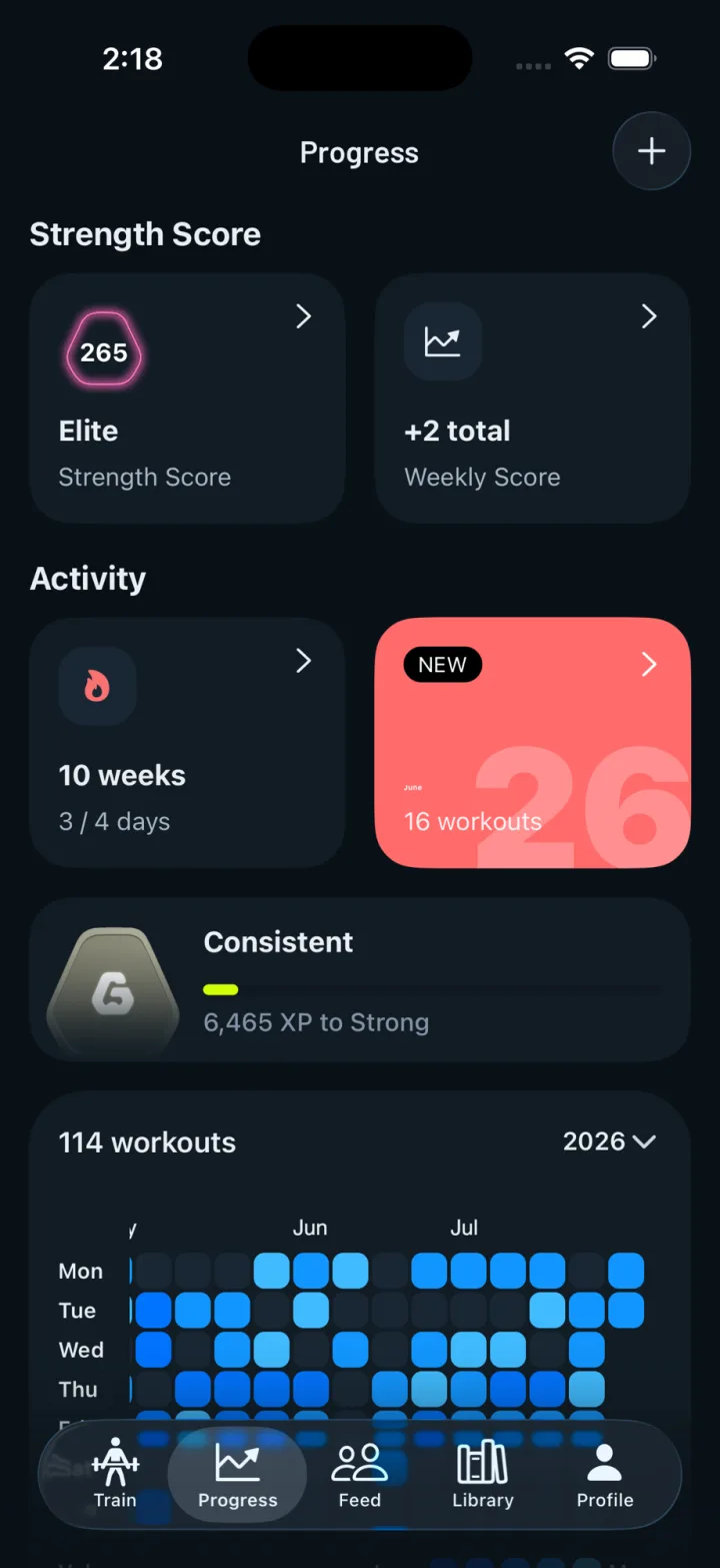 Gravl progress screen with Strength Score, workout streak, monthly review, level progress and workout heatmap