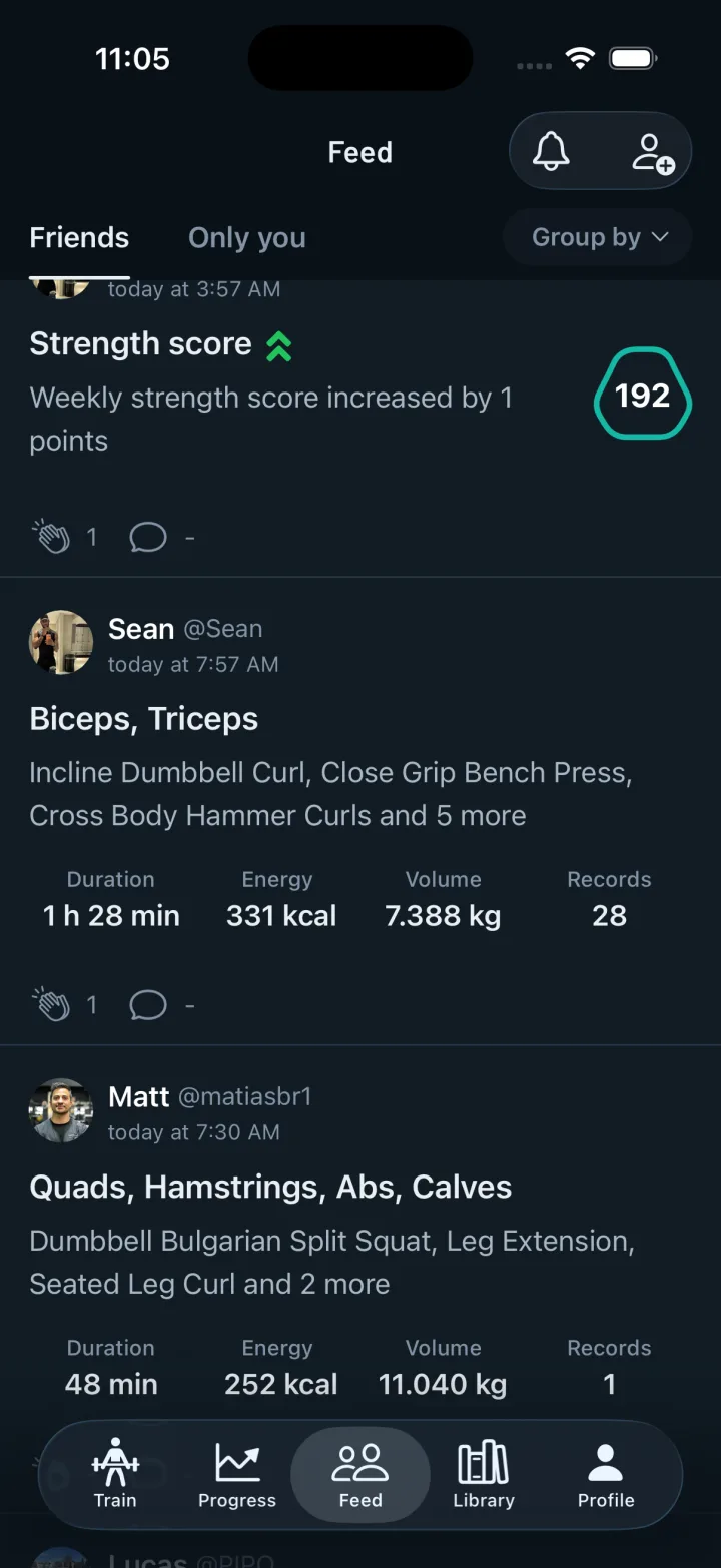Feed d'amis avec les entraînements enregistrés