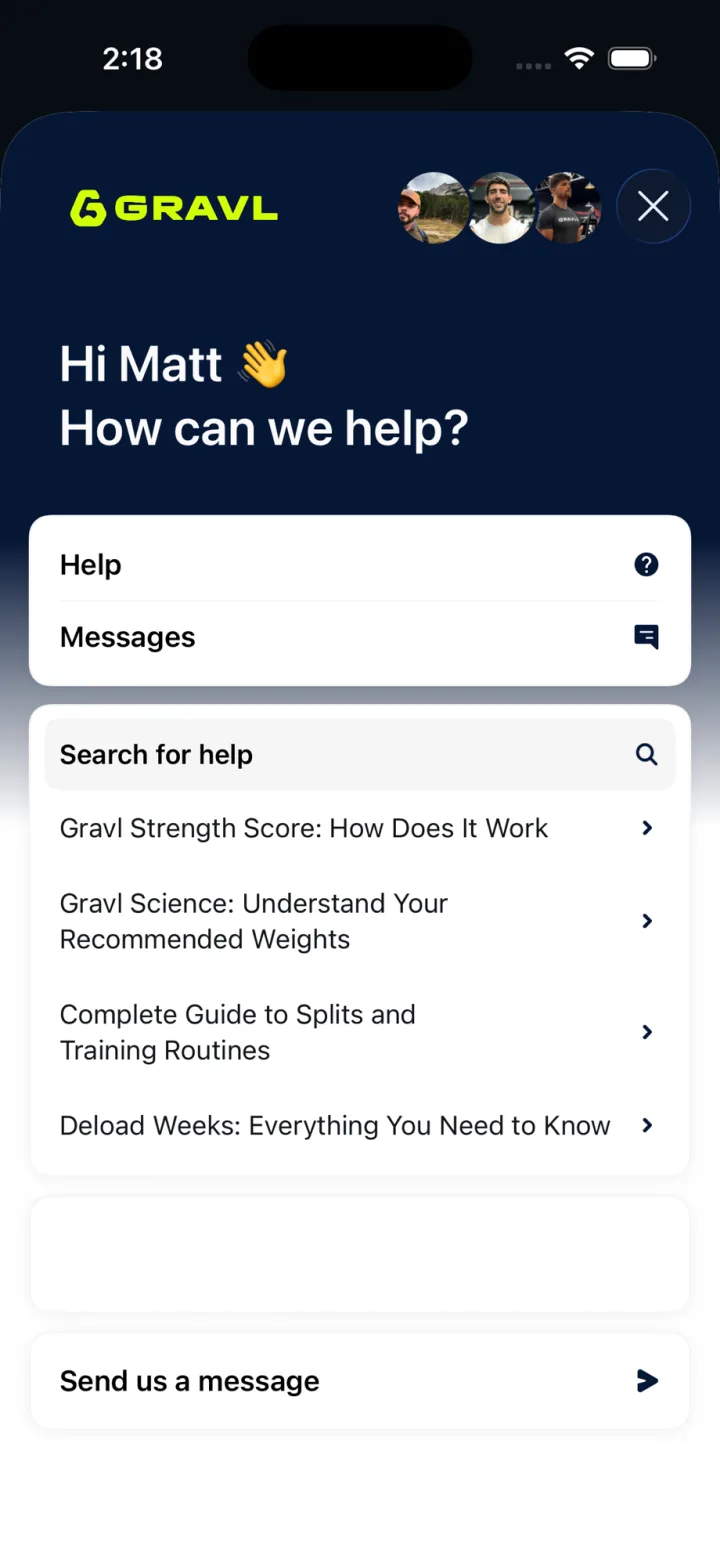 Gravl in-app support chat greeting the user by name, with coach avatars, help articles and a send us a message button