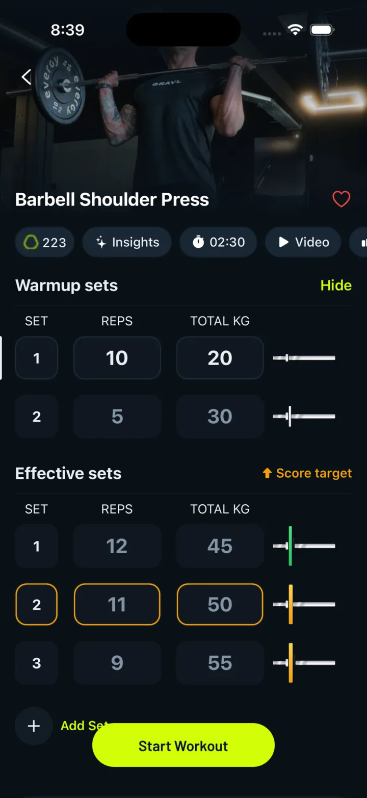 Exercise screen with the Insights pill above the suggested warmup and working sets