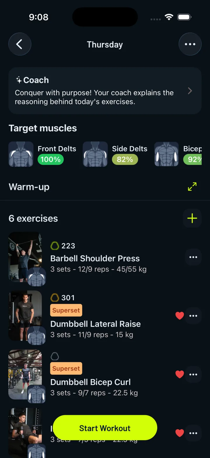 Gravl workout preview showing target muscles and six exercises with sets, reps and weights