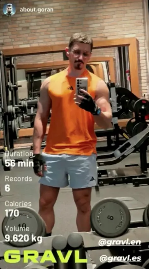Instagram story from @about.goran showing a workout logged with Gravl