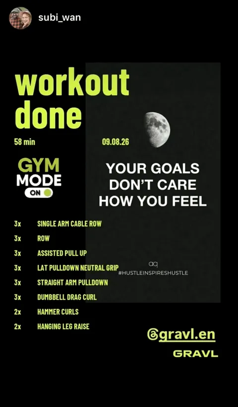 Instagram story from @subi_wan showing a workout logged with Gravl